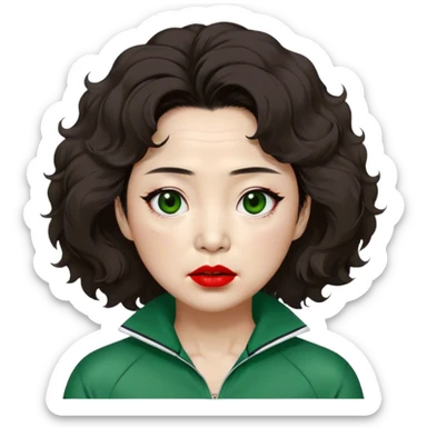 Han Mi-nyeo: Age Late 60s
A woman with many wrinkles face, frizzy, very messy dark brown hair and dramatic red lipstick.
Outfit: Green player tracksuit sticker