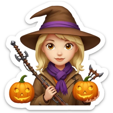 female human monster hunter emoji, wearing brown coat and hat, holding crossbow, soft smile, scarf, glowing pumpkin by her side, Halloween fantasy style, clean vector Apple emoji look, bright colors, white background, square sticker