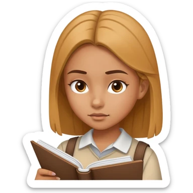 Young girl reading a notebook, focused expression, studying sticker