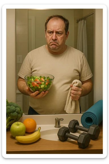a middle-aged man stands in front of a bathroom mirror, looking at his reflection with a puzzled and slightly frustrated expression. He holds a salad bowl in one hand and a gym towel in the other, surrounded by healthy food and workout gear, yet his body remains overweight. The background is a typical home bathroom, softly lit, emphasizing confusion and self-reflection. sticker
