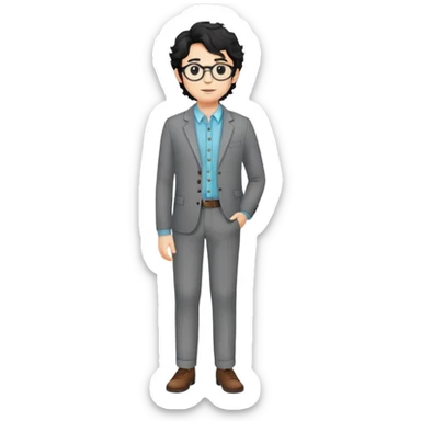 Young caucasian man with black wavy hair, round glasses, wearing semi-formal attire for theater - button-up shirt, blazer, nice pants sticker