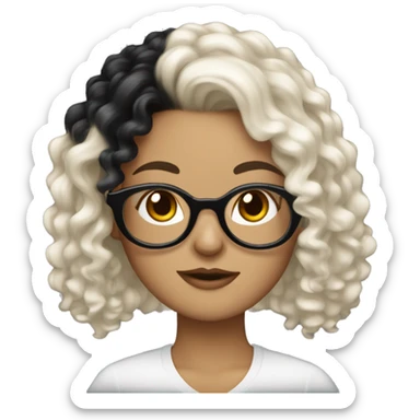 A White girl with curly medium length black hair and glasses holding a Yorkie  sticker