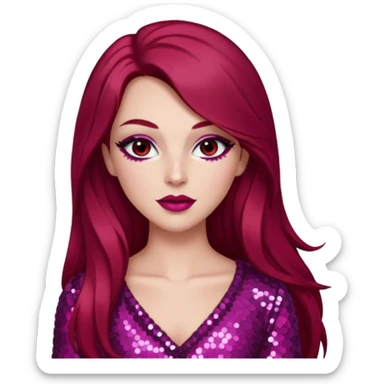 Chappell Roan (b.1998) with long dark red hair, dark pink sequin outfit, makeup sticker