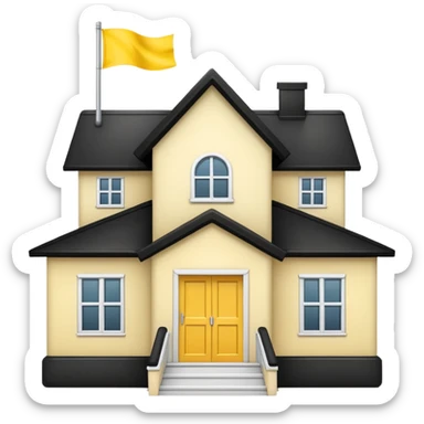 simple school, white background, magic school, black roof, with a big flag, big flag on a roof, big yellow flag, white school sticker