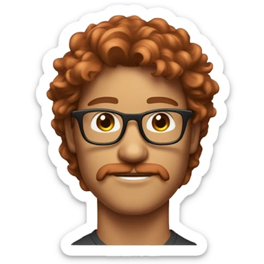 Guy with long copper red brownish hair, glasses and jawline kinda tan with mustache and glasses and a y2k street fit  sticker