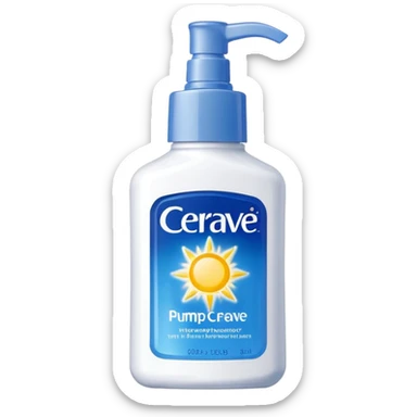 White CeraVe pump bottle with blue label and bright yellow  glow badge. Floating in golden morning light, encircled by radiant sunbeams and shimmering protective particles. A shield of light surrounds it like a solar barrier. Glossy, potion-like, symbolizing daily moisture and powerful sun defense. sticker