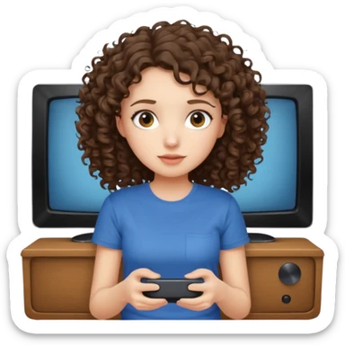 A girl, brunette with curly hair down to her shoulders, watching TV.  sticker
