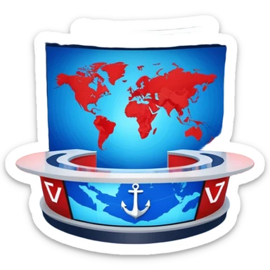 Professional news TV studio interior, modern anchor desk in center, large curved LED screen wall behind presenter, abstract global map graphics, blue dominant colors with red accents, symmetrical composition, broadcast-quality lighting, realistic 3D studio render sticker