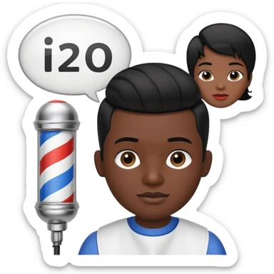 virtual assistant in a barber shop, with a speech bubble and barber pole sticker