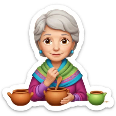 cartoon Apple iOS emoji style rural elderly woman, pastel colors, Chilean wooden kitchen background, clay pots, warm light, detailed and clean vector art sticker