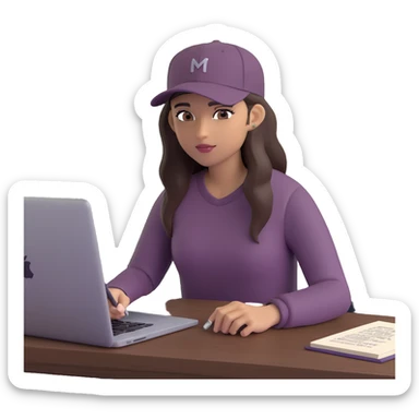young woman with olive skin and long, dark brown hair, wearing a long-sleeved dark mauve shirt. She is wearing a black baseball cap.. She's sitting at a sleek wooden desk with a hardcover book, and to her right is a white coffee mug, while she looks and types on a silver MacBook.  sticker