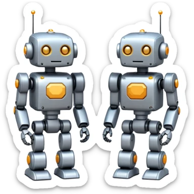 Two cute mini pixel-art robots standing side by side, slightly leaning toward each other in a friendly pose, shoulder to shoulder, soft friendly f pixels between robots, cinematic space backfi atmosphere, volumetric lighting, soft bloom effect, high detail, ultra clean render, centered  sticker