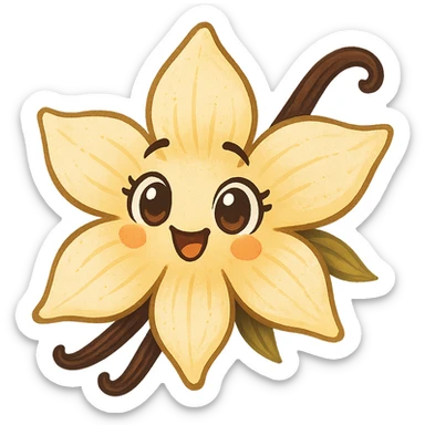 stylized vanilla flower with doe eyes, joyful atmosphere, transparent background sticker