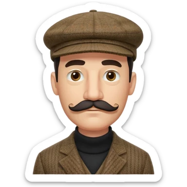 three quarter head profile huge mustache big sideburns sport coat black turtleneck tweed flat cap, squinting eyes trying to puzzle out sticker
