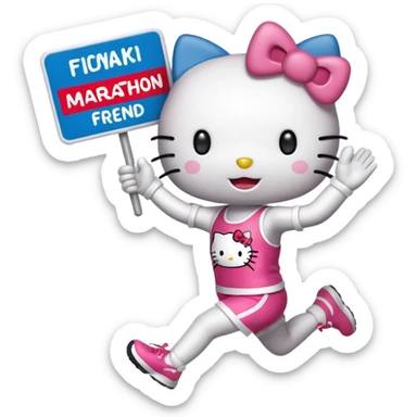 hello kitty cheering on a friend running the marathon, where she is holding a marathon sign. make sure the fae looks exactly like hello kitty - give her eyes and a nose but no mouth sticker