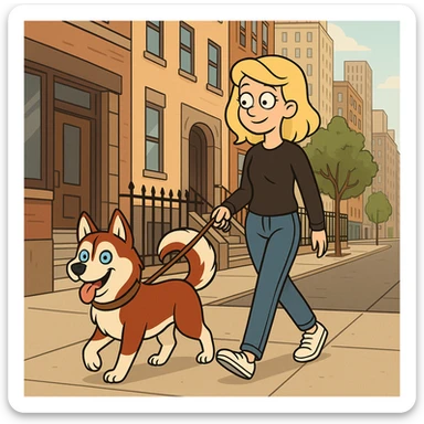Cute Blonde woman wearing a black sweater and jeans and white sneakers walking a happy red-brown blue-eyed Siberian husky in New York City on an upper east side city sidewalk  sticker