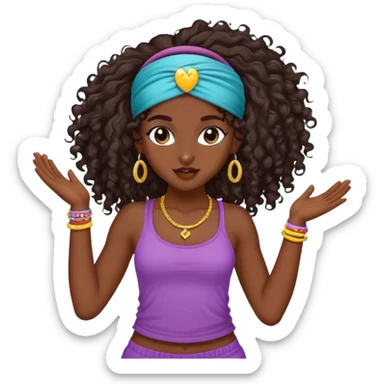 Dancing dark brown girl with long darn brown curly hair with headband hip hop sticker