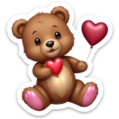 Adorable Plush brown teddy bear holding an inflatable metallic maroon heart-shaped balloon in his paw  sticker