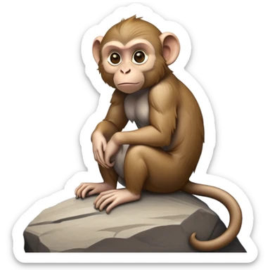 cinematic-elegant macaque-realistic-full-body-sitting-emoji,-compact-muscular-frame-poised-on-a-rocky-outcrop,-short-curled-tail-resting-behind,-head-tilted-dramatically,-thick-dense-fur-in-warm-shades-of-brown-and-grey,-expressive-eyes-filled-with sticker