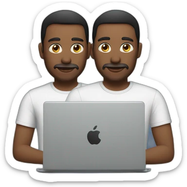 two tech guys working on a laptop sticker