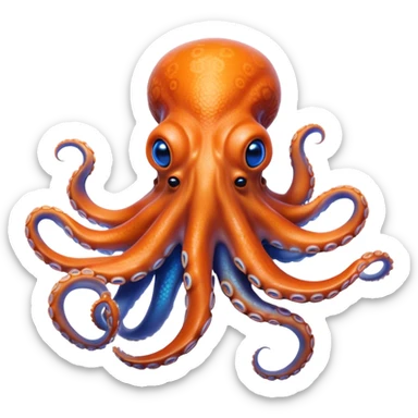 Cinematic Realistic Noble Octopus Portrait Emoji, Poised and majestic, with a sinuous, flowing body in vivid orange accented by intricately detailed blue rings, and intelligent, penetrating eyes that reflect ancient ocean lore; rendered with lifelike texture and natural iridescence, high shine, intelligent and formidable, styled with an aura of mystical marine power, focused and attentive, soft glowing outline, capturing the essence of a watchful and confident octopus that appears ready to glide out of the screen with timeless authority! sticker