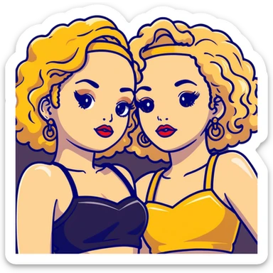 Two teenage girls together, one blonde and one with curly brown hair, both with heavy makeup, big lips, crop tops, gold jewelry and flashy choni style outfits sticker