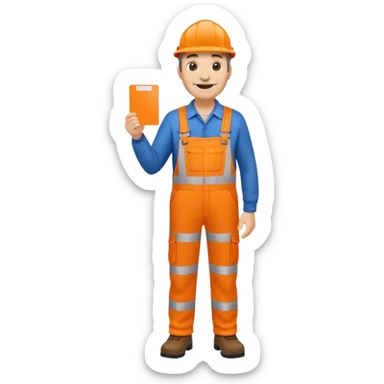 mature engineer hi-vis orange overalls standing full body holding a card sticker