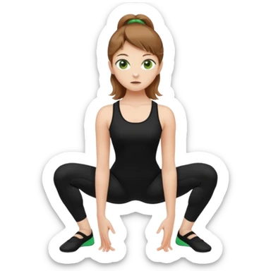 Beautiful woman with light brown shoulder length hair popping a squat without any weights. Make her with a little lighter, brown hair and green eyes. Make her fair skinned and wearing a black workout suit. make her wearing black ballet flats. sticker