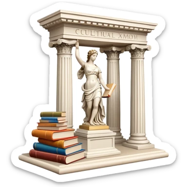 An icon featuring a paint palette, a sculpture, and a book, symbolizing the study of culture and art. The design includes a classical column and a canvas, representing art history and cultural exploration. Transparent background highlights the connection between creativity and history. sticker