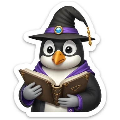 penguin wizard reading a spellbook sticker