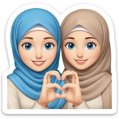 Turkish beautiful finish Konya two girls blue eyes with hijab and making love heart with hand gesture sticker