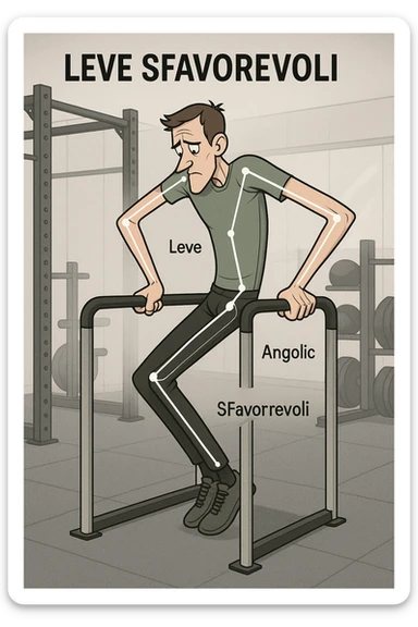 a tall, lean man with very long arms and a short torso attempts a dip on parallel bars. His elbows are deeply bent and his body appears awkwardly positioned, highlighting the mechanical disadvantage. An overlay shows anatomical lines and angles, with labels explaining “Leve Sfavorevoli” The background is a modern gym, with a focus on biomechanics. in italiano sticker