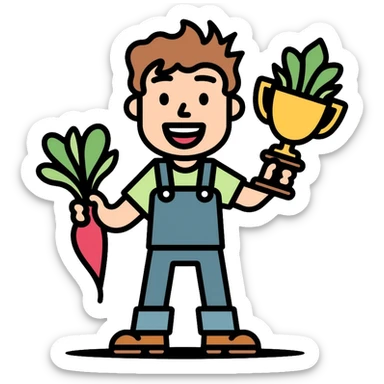 Happy gardener with trophy and prize vegetables sticker