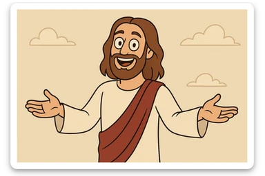 modern cartoon style Jesus, smiling, open arms, simple background sticker