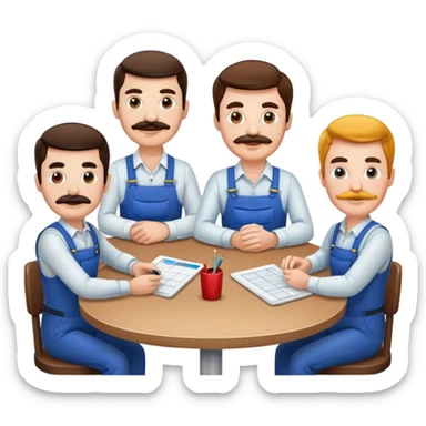 grupo de trabajadores 5 en torno a mesa, todos blancos, pero de diferente edad, uno con bigote, sticker