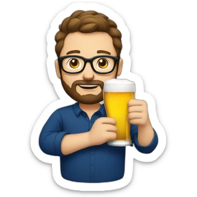 a-man-with-short-brown-hair-and-beard-and-round-black-glasses,-wearing-a-dark-blue-shirt-drinking-a-beer sticker