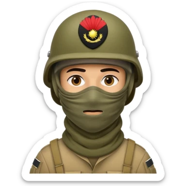 
an Iraqi soldier with a serious face, wearing a helmet and a balaclava covering his mouth sticker