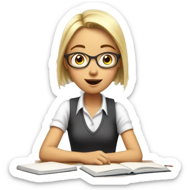 White Smart girl doing Homework on a desk with surprised face sticker