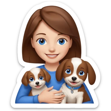 Blue eyes brown haired woman holding a brown and white dog sticker