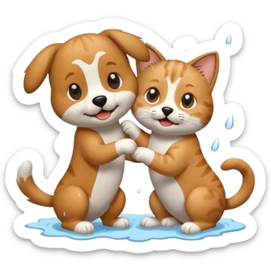 dog and cat playing in the rain sticker