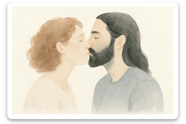 watercolor style of a mixed couple, white woman with curly brown hair and white man with long hair and black beard kissing, soft atmosphere sticker