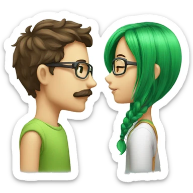 A boy with brown hair and a mustache is kissing a green haired girl wearing glasses sticker