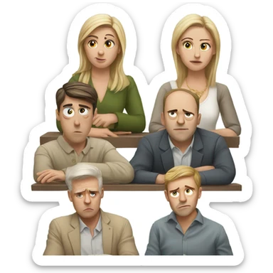 6 Caucasian people sitting around a table looking unhappy sticker