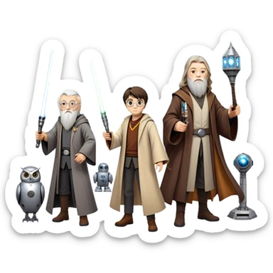 Icon for Fantasy and Sci-Fi Movies: Collage featuring Harry Potter with his wand, Dumbledore, Luke Skywalker with a lightsaber, and futuristic robots. Background with a magical planet, Hogwarts, flying owls, and spaceships. Epic and magical atmosphere. Transparent background. sticker