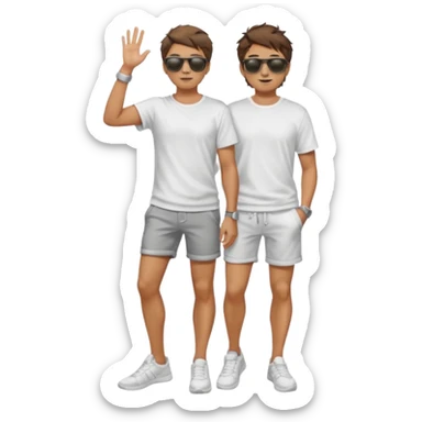 Handsome. Male. Short brown hair. Messy hairstyles. Sunglasses. Sexy pose. Full body. Wearing shorts. White tekkies. Pool background  sticker