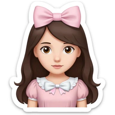 Brunette girl with brown eyes wearing light pink dress with a white bow on the side of her long hair sticker