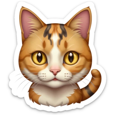 full body anxious looking colourful light calico tabby cat with hazel eyes  and half of face in brown tabby sticker
