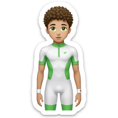 Jailen, a black teen boy with curly taper fade, full lips, thick eyebrows,golden brown skin tone, light green eyes, a fit 
body type, with a white and green compression suit with short sleeves, earbuds, with energy manipulation, 
 sticker