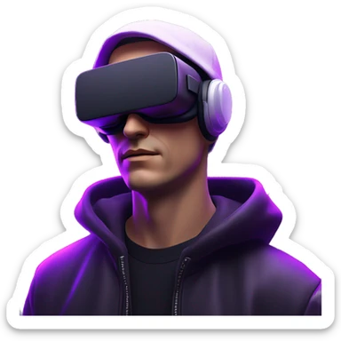 Russian man wearing a black hoodie with "OMG" letters on it and VR headset in a cyberpunk VR environment with violet neon lighting. sticker