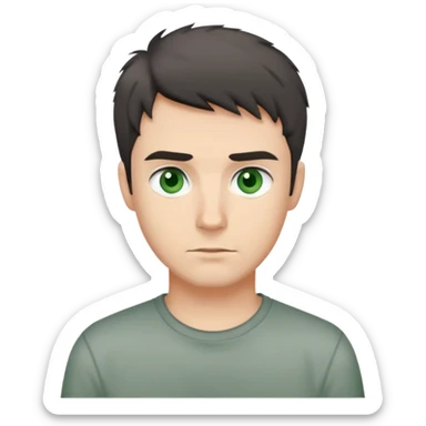 man with dark messy short hair, dark green eyes, wearing a gray t-shirt sticker